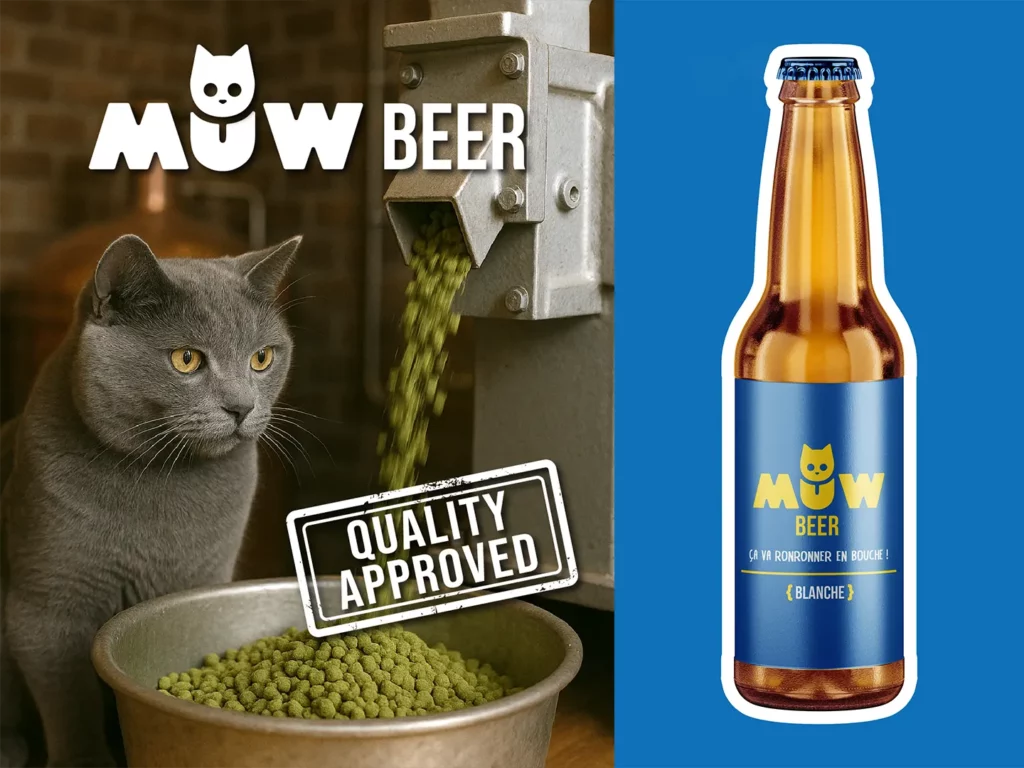 MÜW BEER : visuel promo avec un chat gris, du houblon, le logo MÜW BEER, un tampon “Quality Approved” et une bouteille de bière blanche.