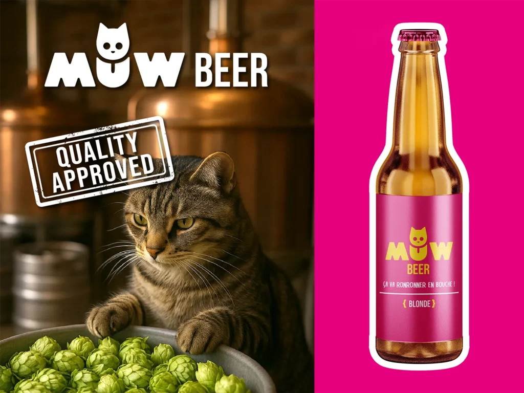 MÜW BEER : visuel promo avec un chat tigré, du houblon, le logo MÜW BEER, un tampon “Quality Approved” et une bouteille de bière blonde.