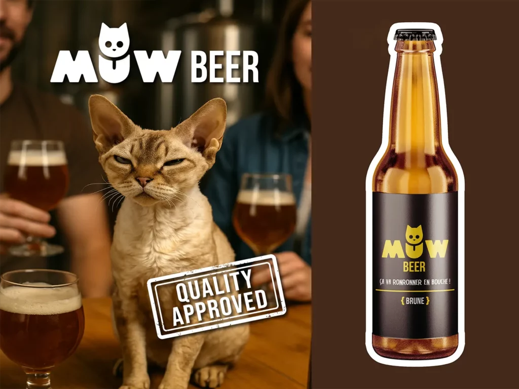 MÜW BEER : visuel promotionnel avec un chat, le logo MÜW BEER, un tampon “Quality Approved” et une bouteille de bière brune.