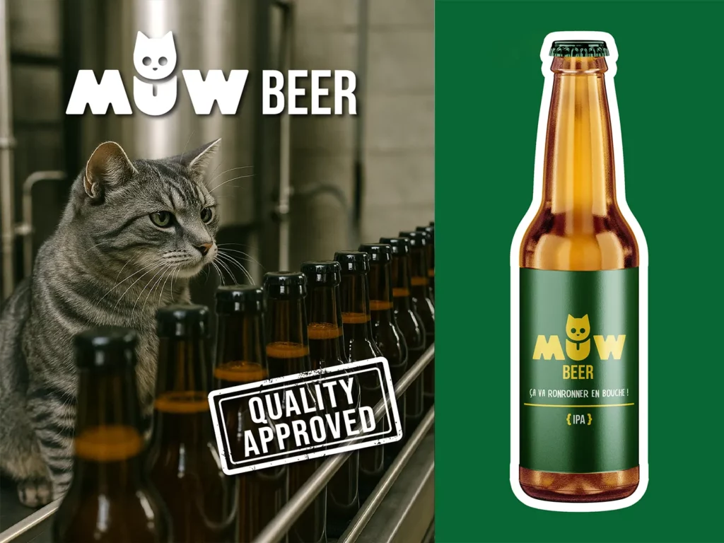 MÜW BEER : visuel promo avec un chat, une chaîne d’embouteillage, le logo MÜW BEER, un tampon “Quality Approved” et une bouteille de bière IPA.