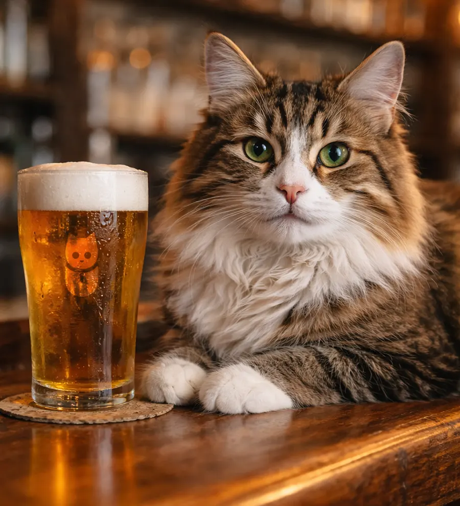 MÜW BEER : chat tigré à poils longs sur un comptoir, à côté d’un verre de bière blonde avec mousse.
